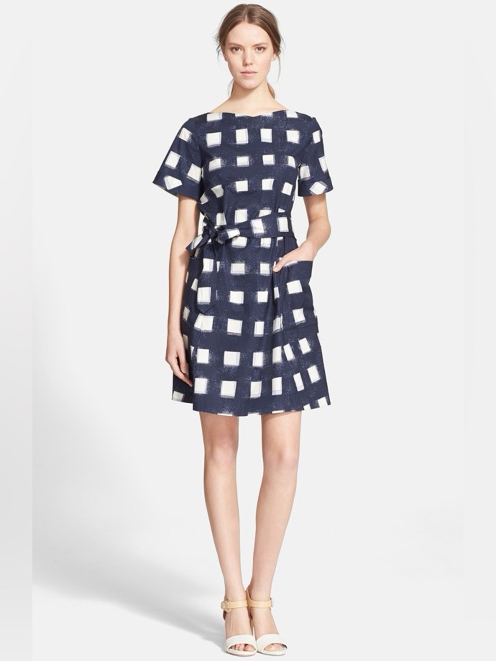 Tory Burch 10 Navy White Square Print Tie Waist Mini Dress Watercolor Geometric